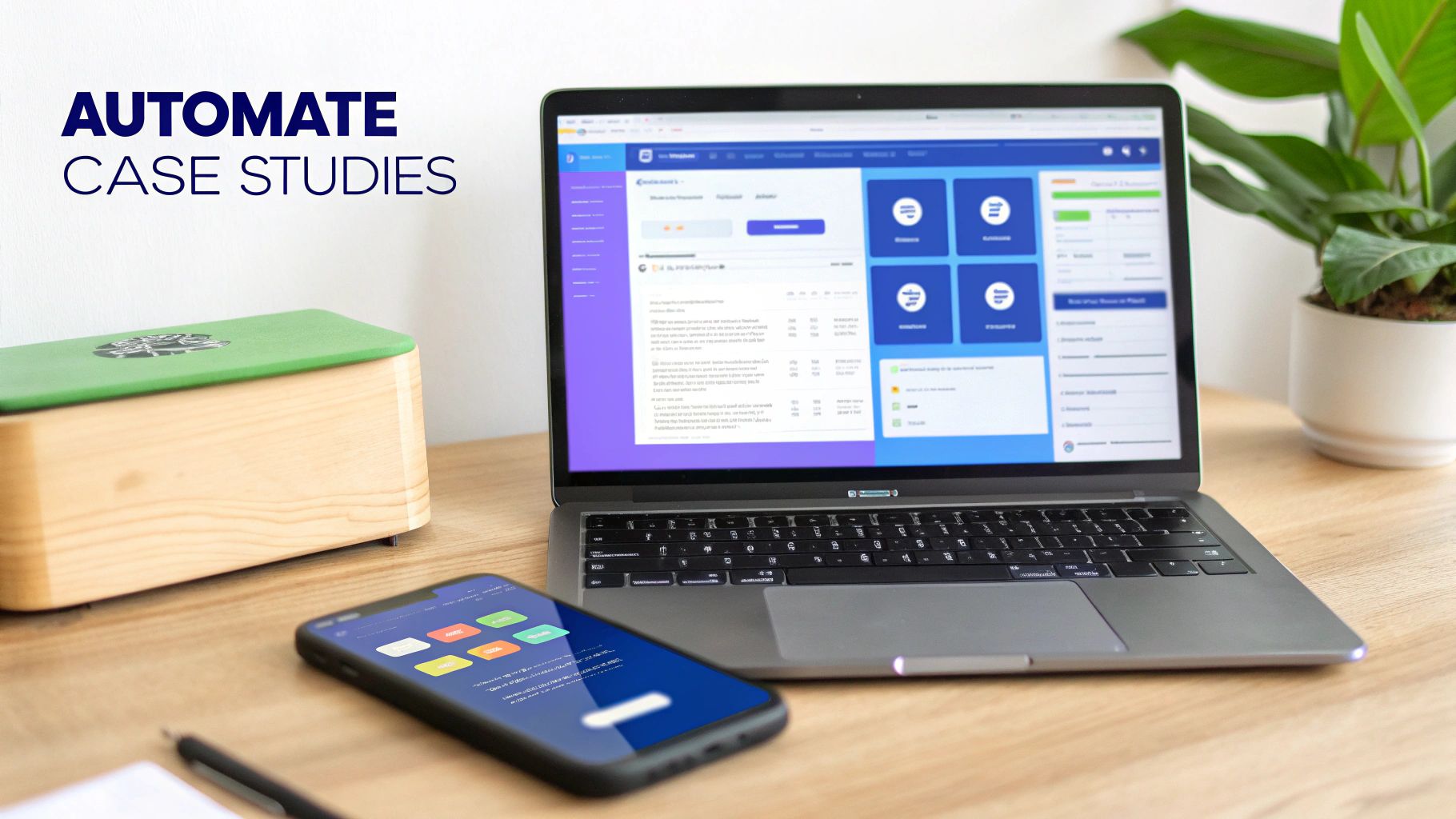 A modern desk with a laptop displaying automation software and a smartphone, highlighting case studies.