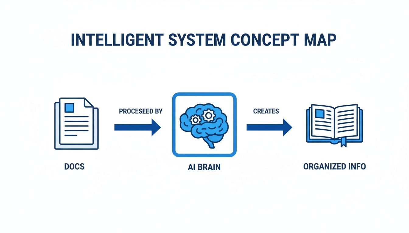 A concept map illustrating an intelligent system where documents are processed by an AI brain to create organized information.
