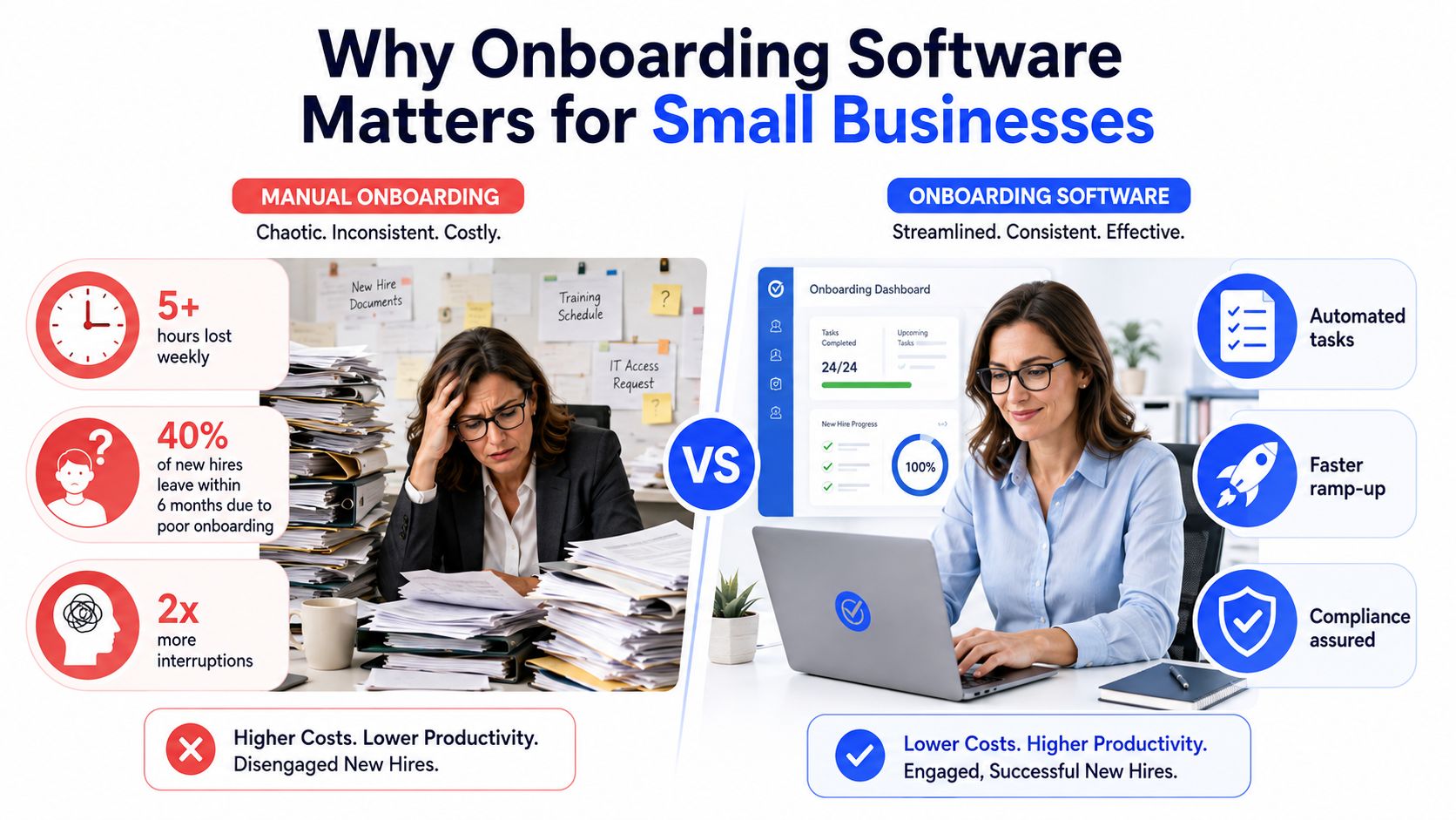 A comparison infographic showing the benefits of onboarding software versus manual processes for small business owners.