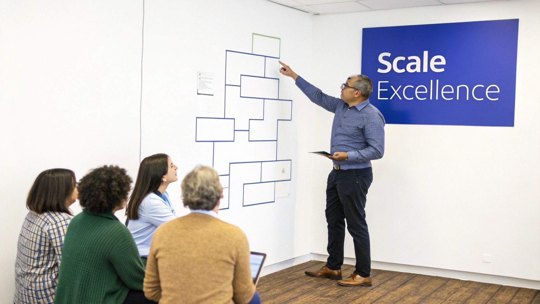 A man teaches a group using a wall diagram and tablet in a training room.