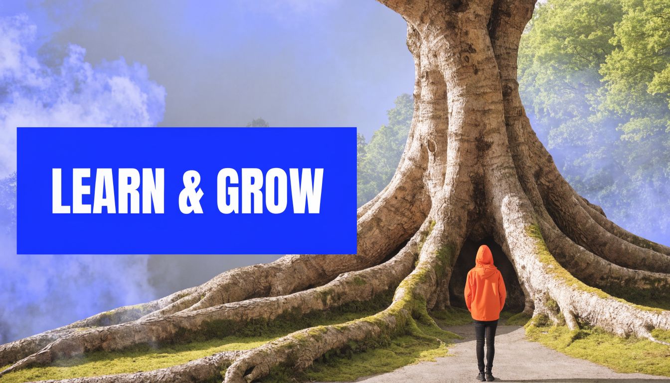 A person in an orange hoodie standing before a massive tree, representing self-directed learning and personal growth.
