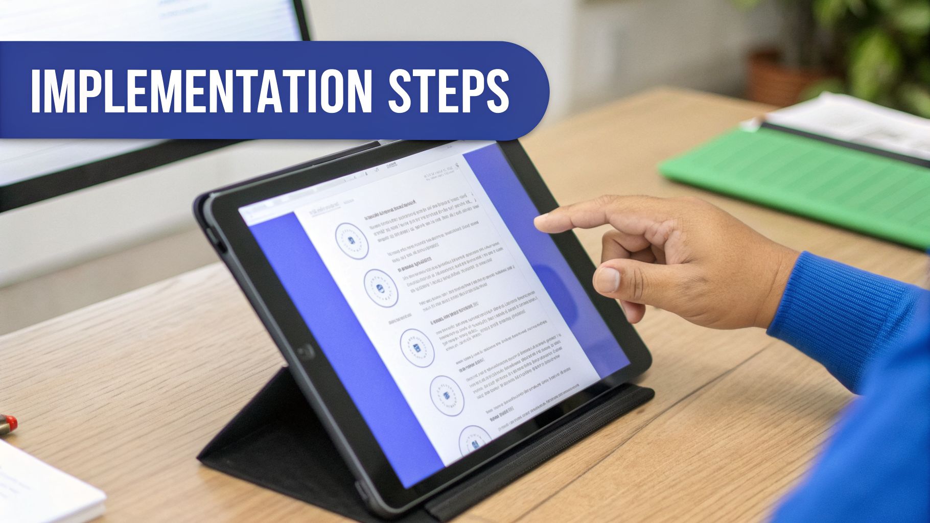 A hand interacts with a tablet displaying implementation steps, with a blue banner overlay.