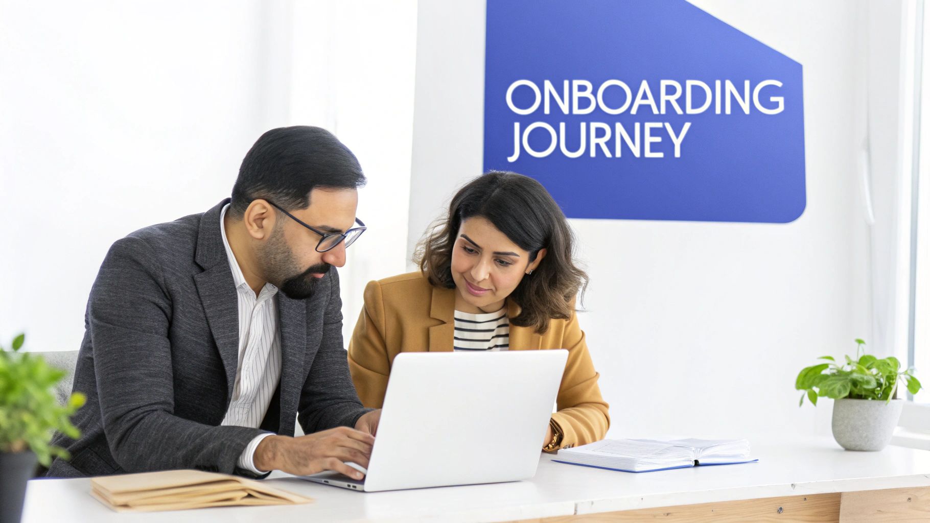 Two professionals, a man and a woman, collaborate on a laptop during an onboarding journey.