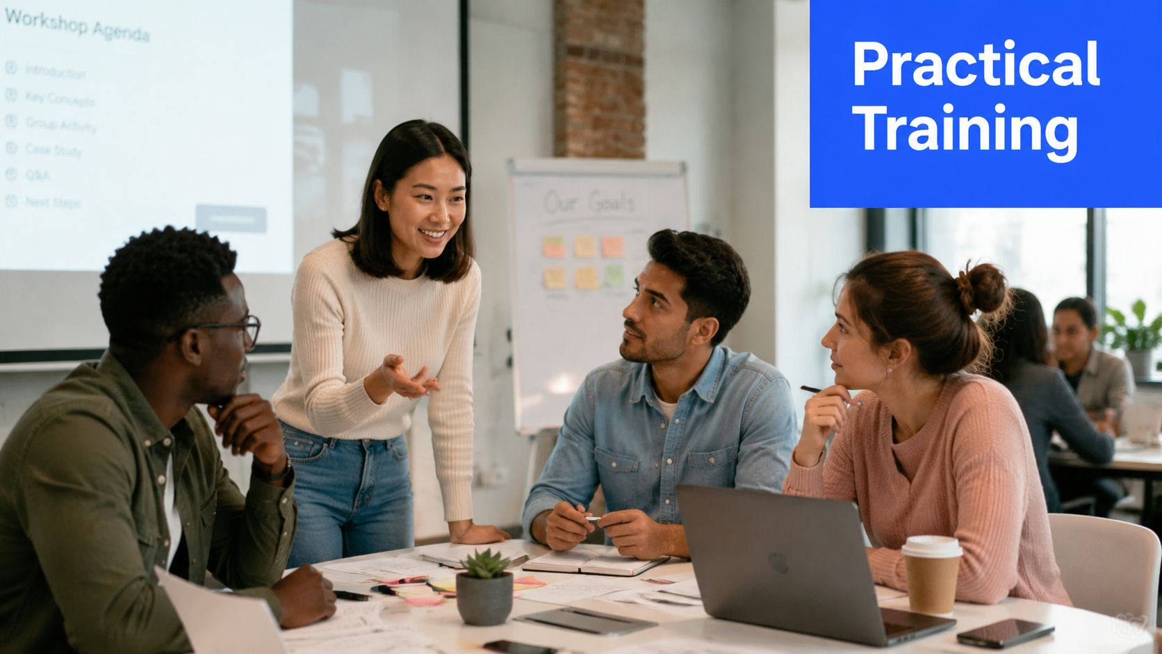 A diverse group of professionals collaborating during a workshop in a bright and modern office space.