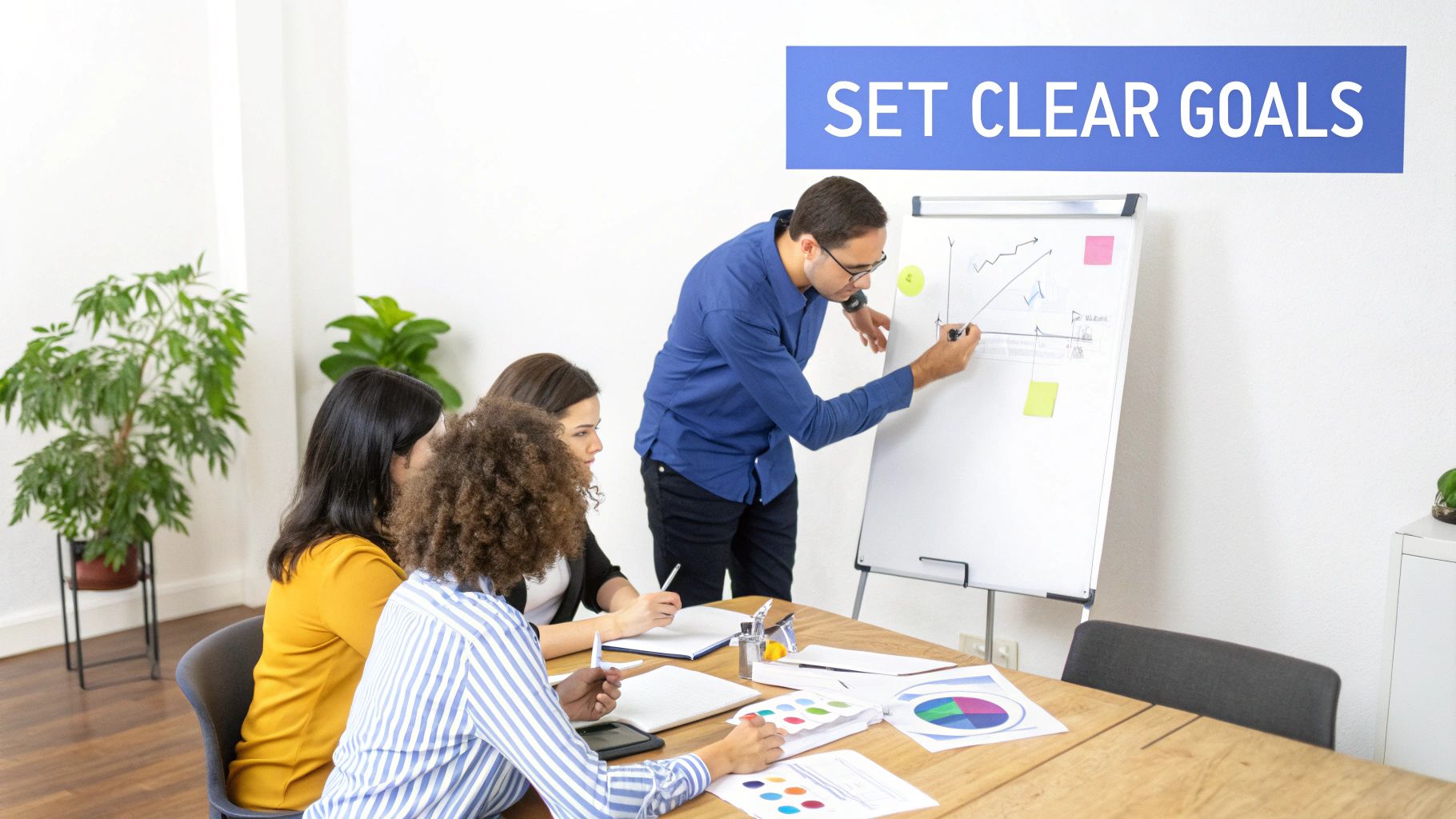 A man teaches a group of three women, drawing a graph on a whiteboard during a training session.