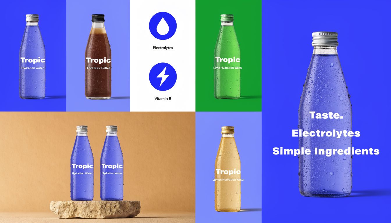 A collection of various Tropic flavored hydration water and coffee bottles arranged with ingredient icons.