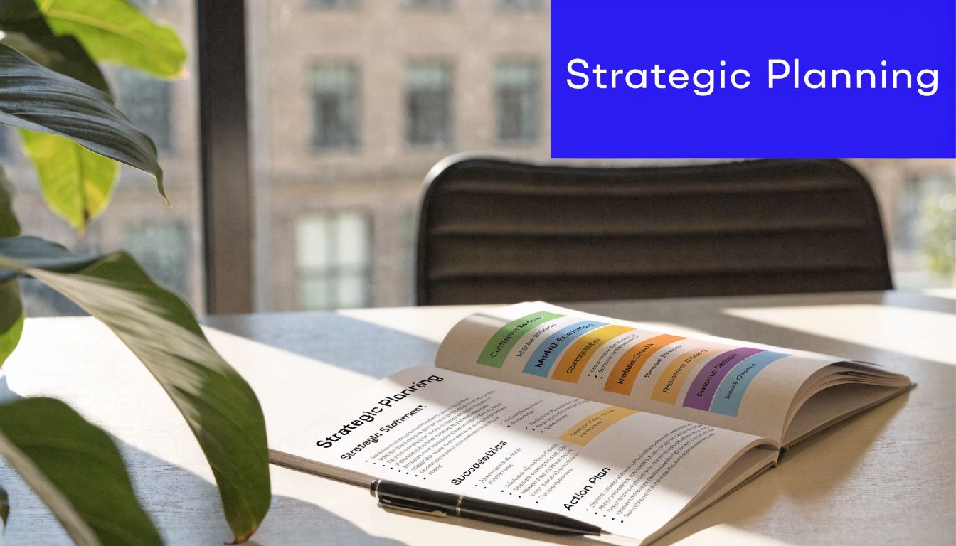 A strategic planning manual lies open on a bright office desk next to a pen.