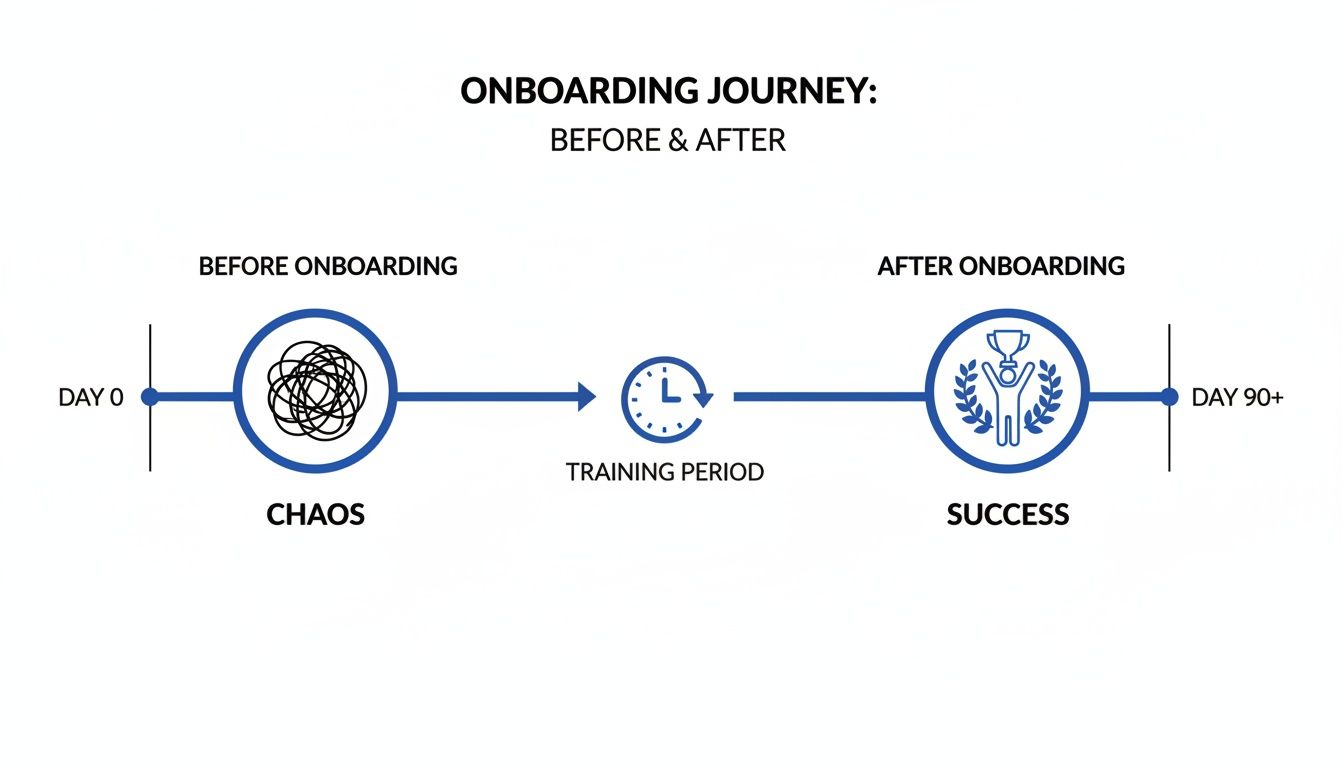 A timeline diagram showing the onboarding journey from initial chaos to success after training.