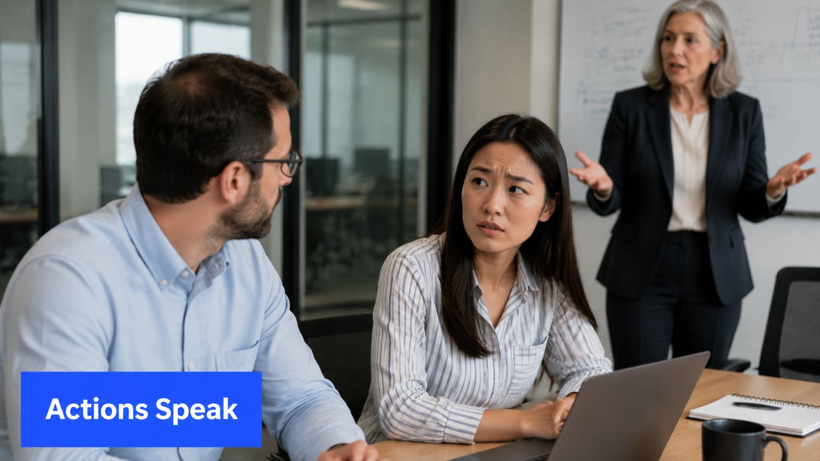 A professional team in a meeting with a woman standing and presenting to two seated colleagues.