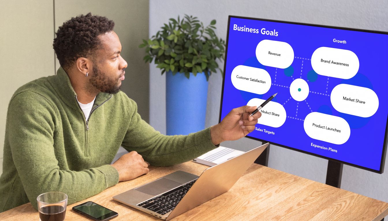 A professional man in a green sweater pointing at business goal diagrams on a computer screen.