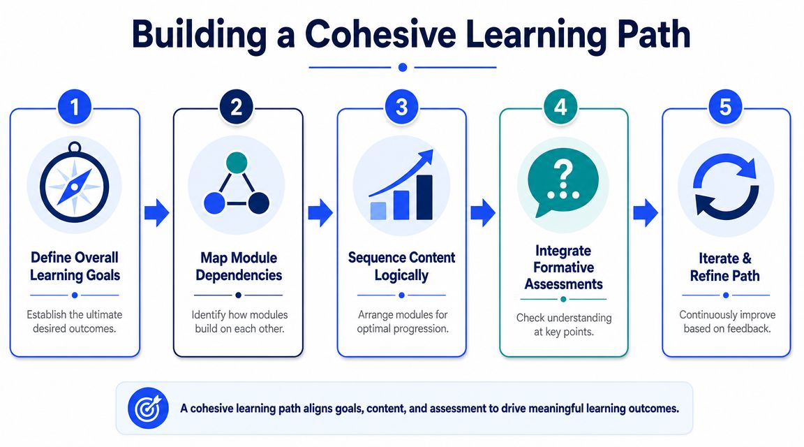 An infographic showing five steps for building a cohesive learning path with icons and descriptive text.