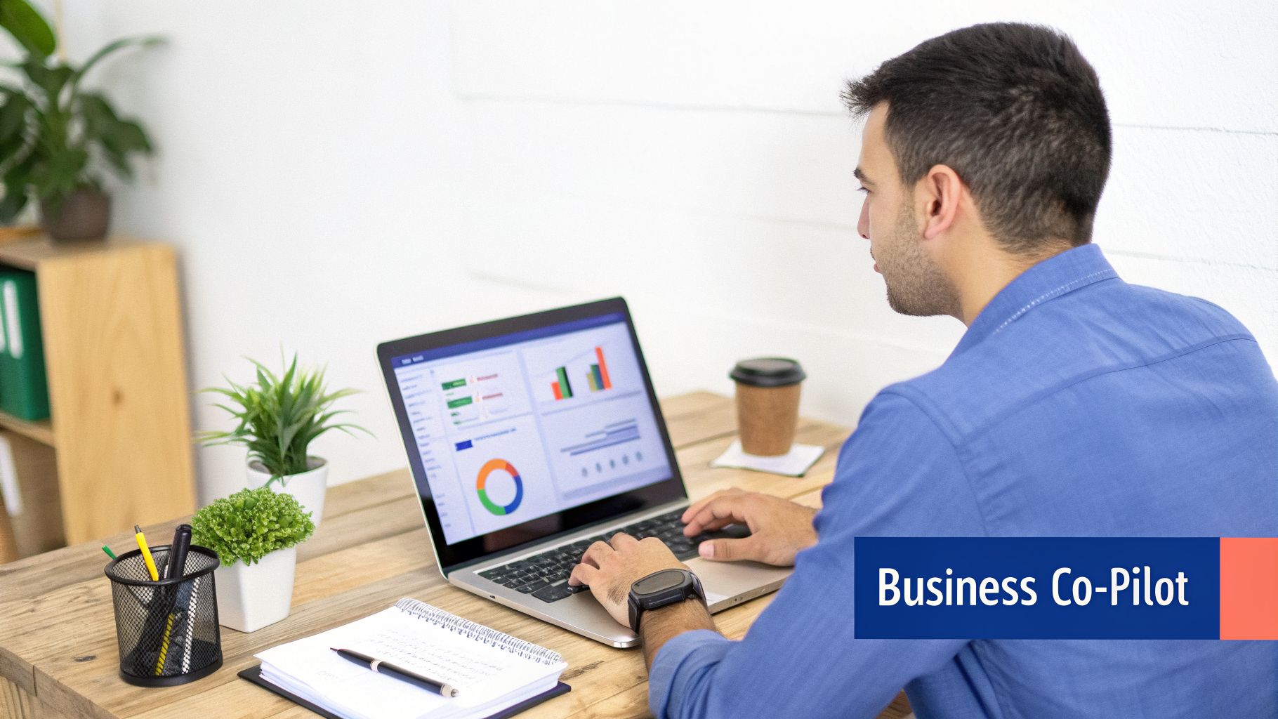 A man from behind works on a laptop displaying business charts and data, representing a business co-pilot.
