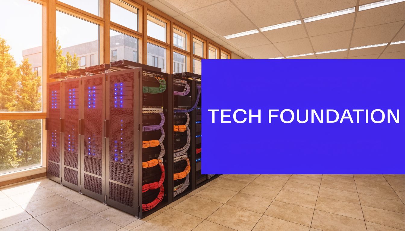 A rows of modern server racks in a bright room with windows showing trees outside.
