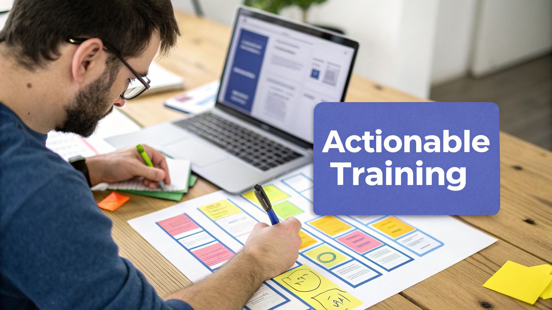 Man designing and planning on paper with a laptop, next to an 'Actionable Training' graphic.