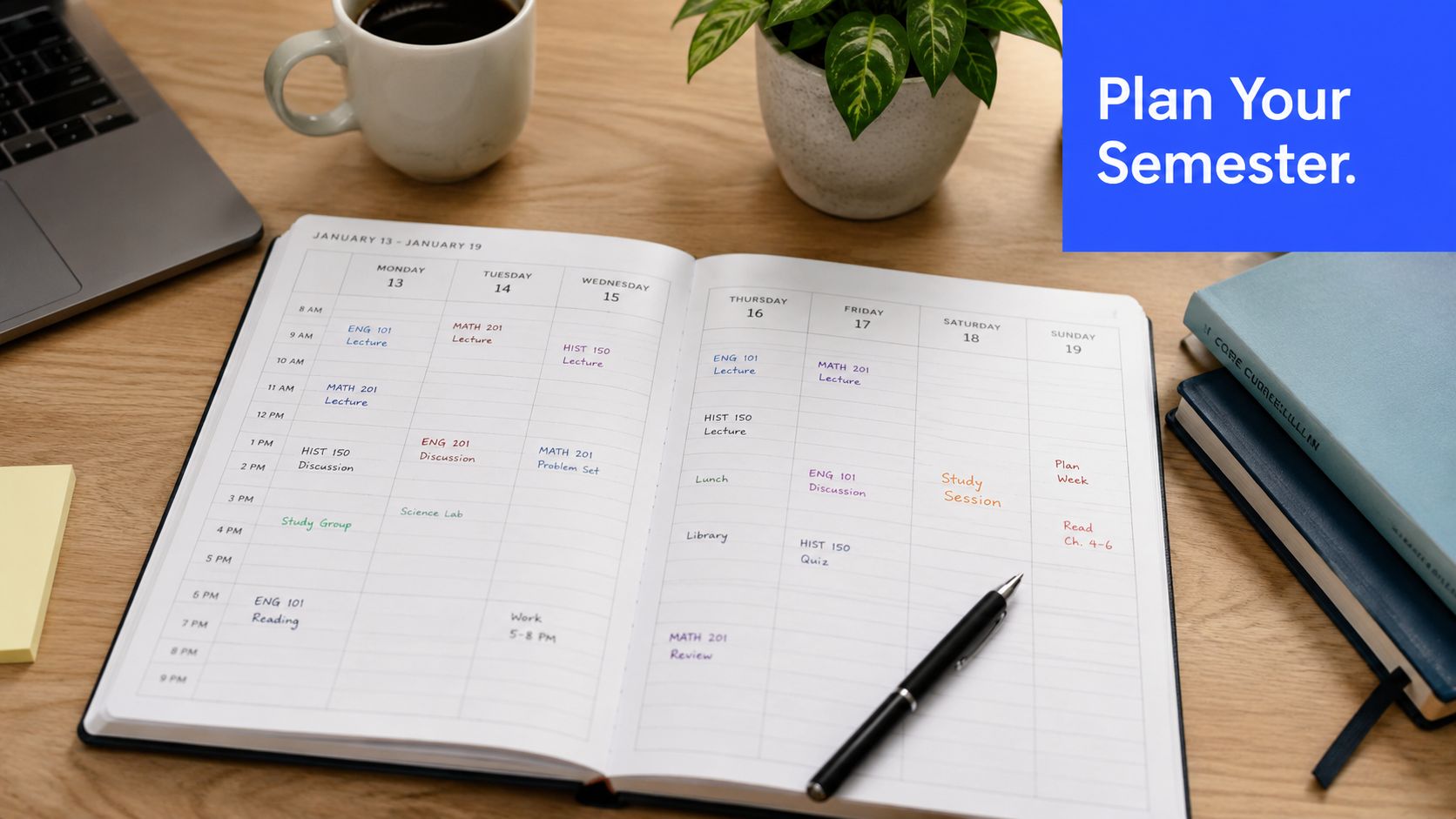 A student planner open on a desk displaying a weekly schedule with handwritten course assignments and notes.