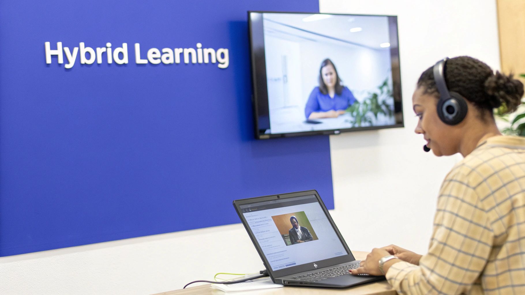 A woman with a headset uses a laptop, participating in a hybrid learning session with video calls.