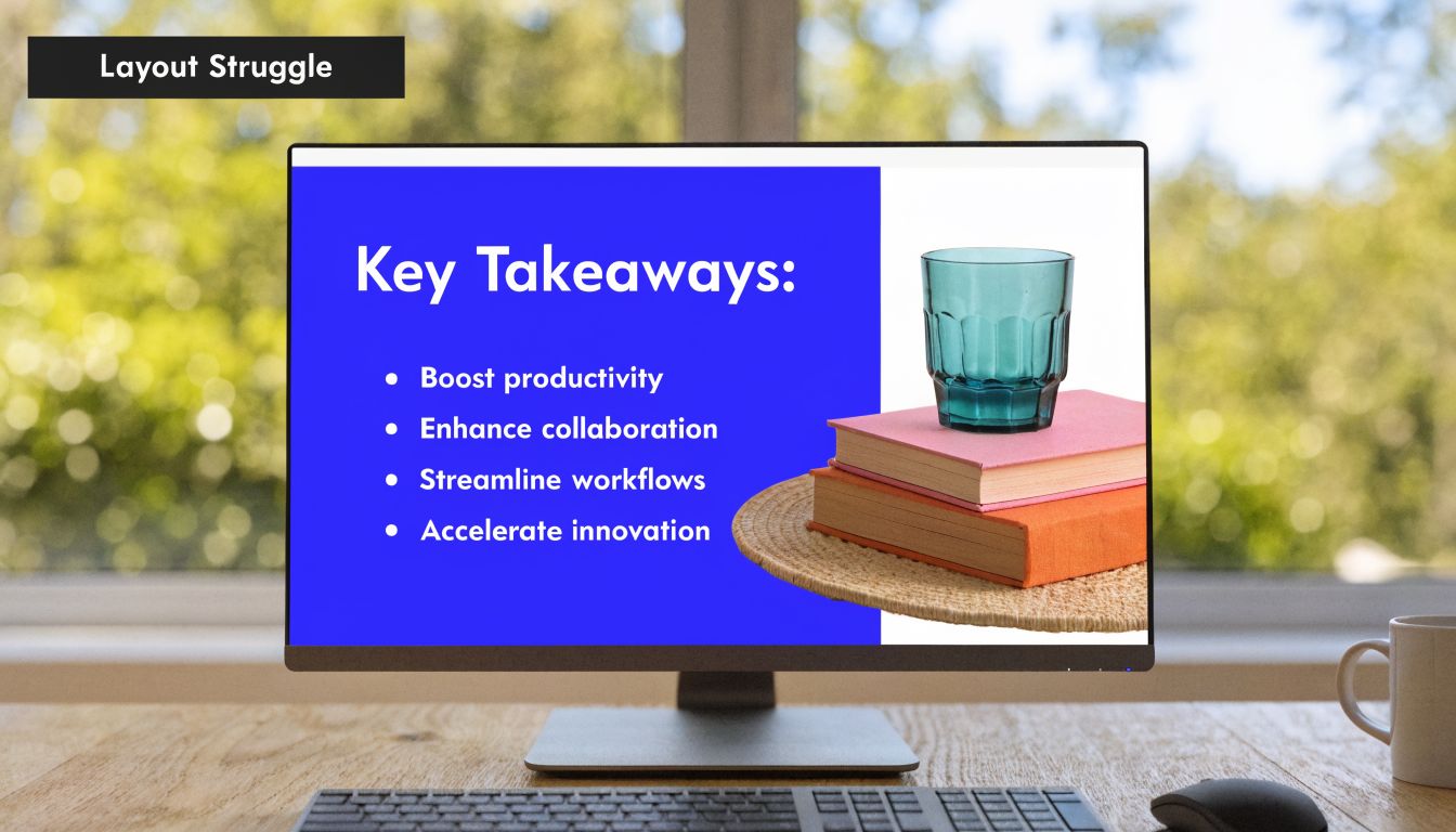 A computer monitor displaying a presentation slide with business key takeaways next to a stack of books.
