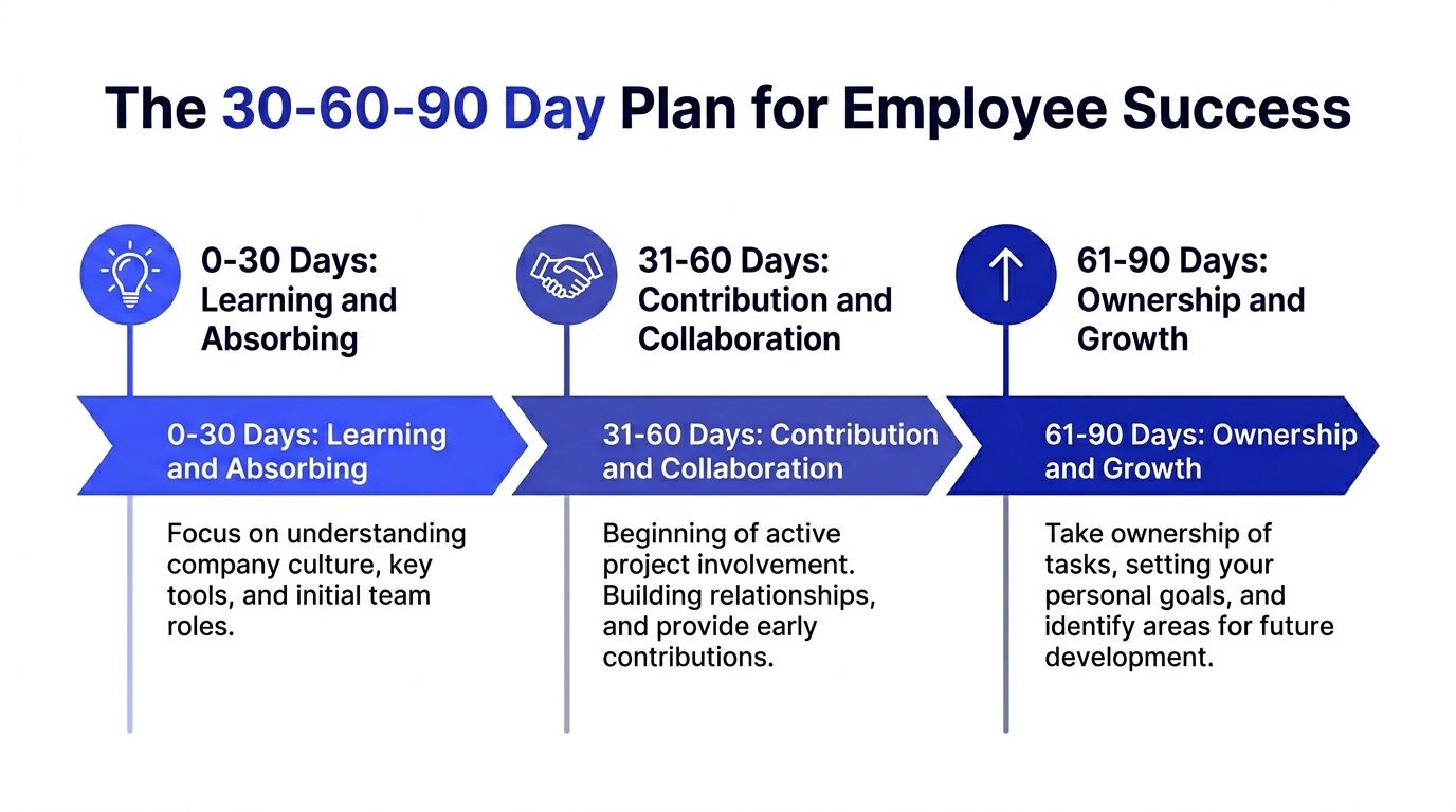 A timeline graphic illustrating a 30-60-90 day plan for new employee onboarding and long-term success.