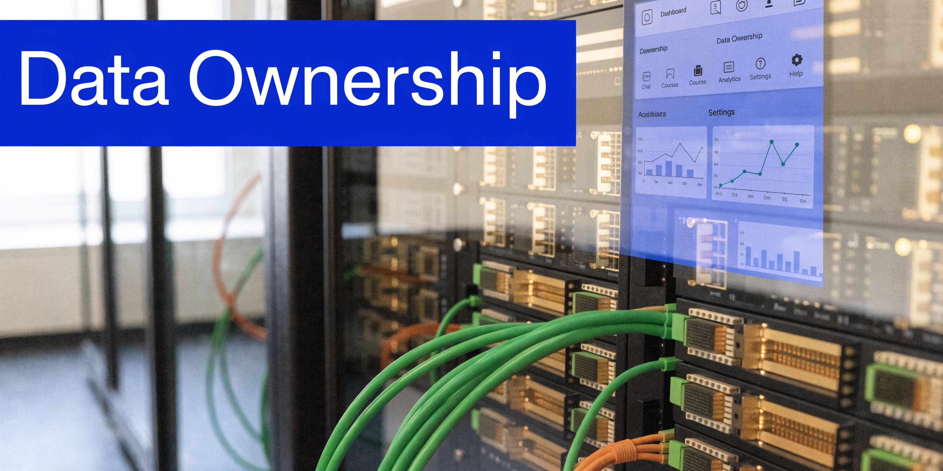 A server rack in a data center with a digital dashboard overlay displaying data ownership analytics.