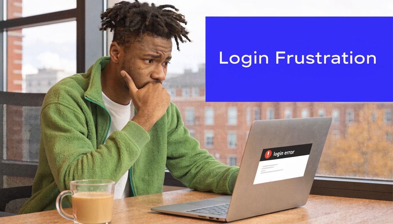 A concerned young man with dreadlocks looking at a laptop displaying a login error screen.