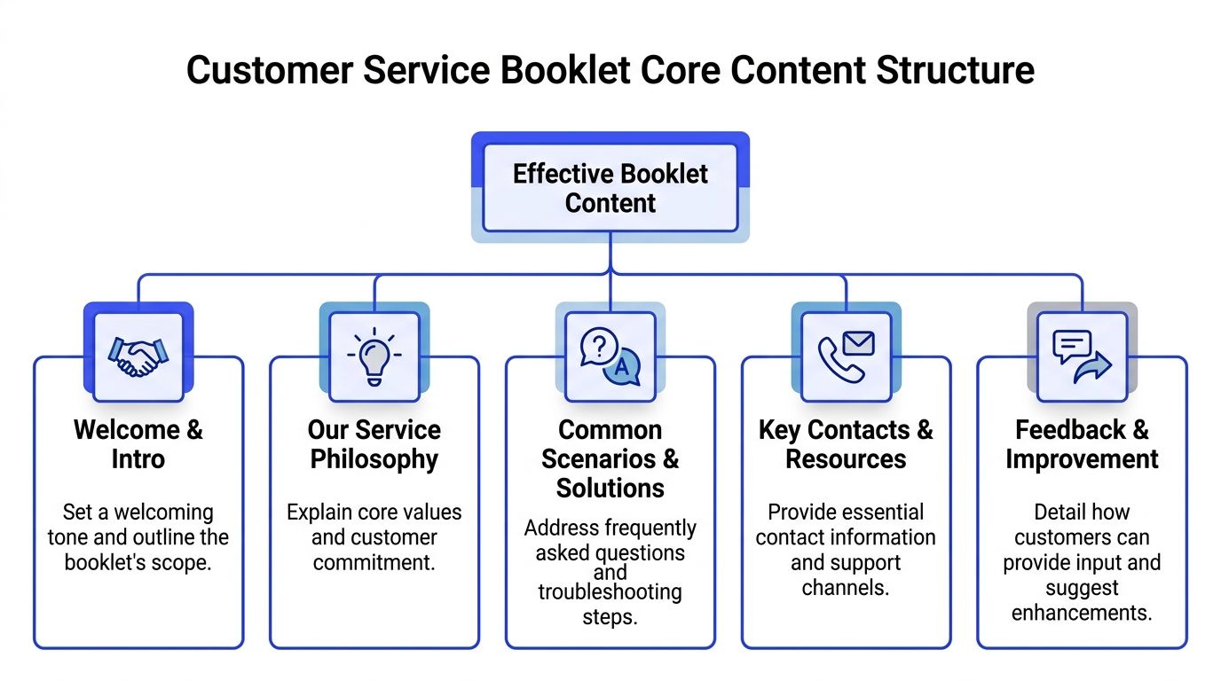 An organizational chart showing the core content structure for an effective customer service booklet.