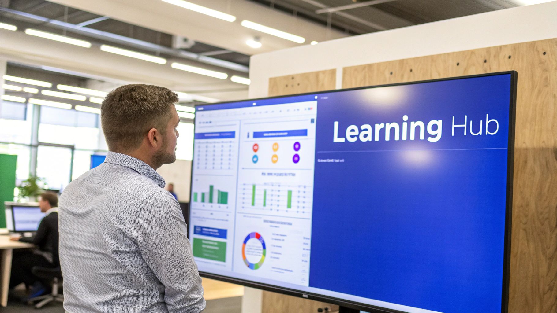 A man observes a large digital screen displaying 'Learning Hub' and various data analytics dashboards.