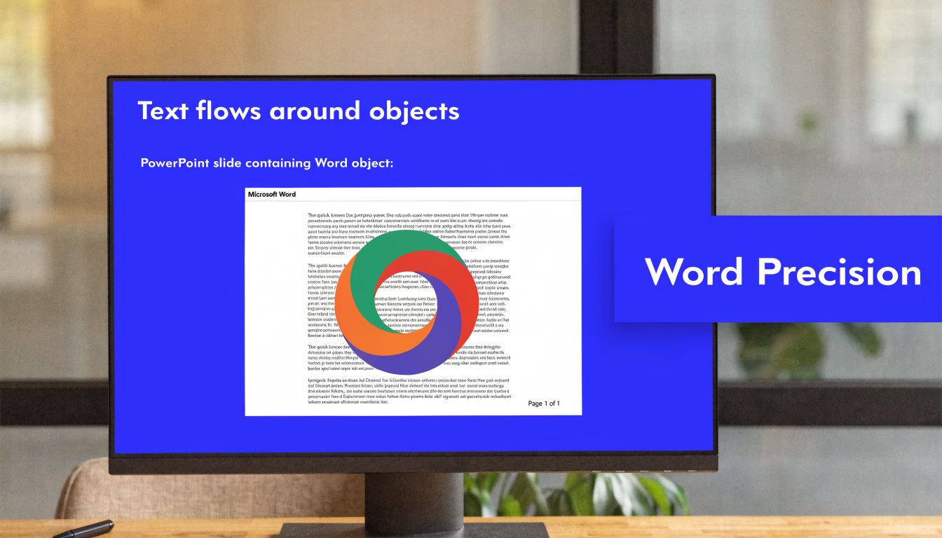A computer screen showing a PowerPoint slide demonstration of text wrapping around a central colorful object.