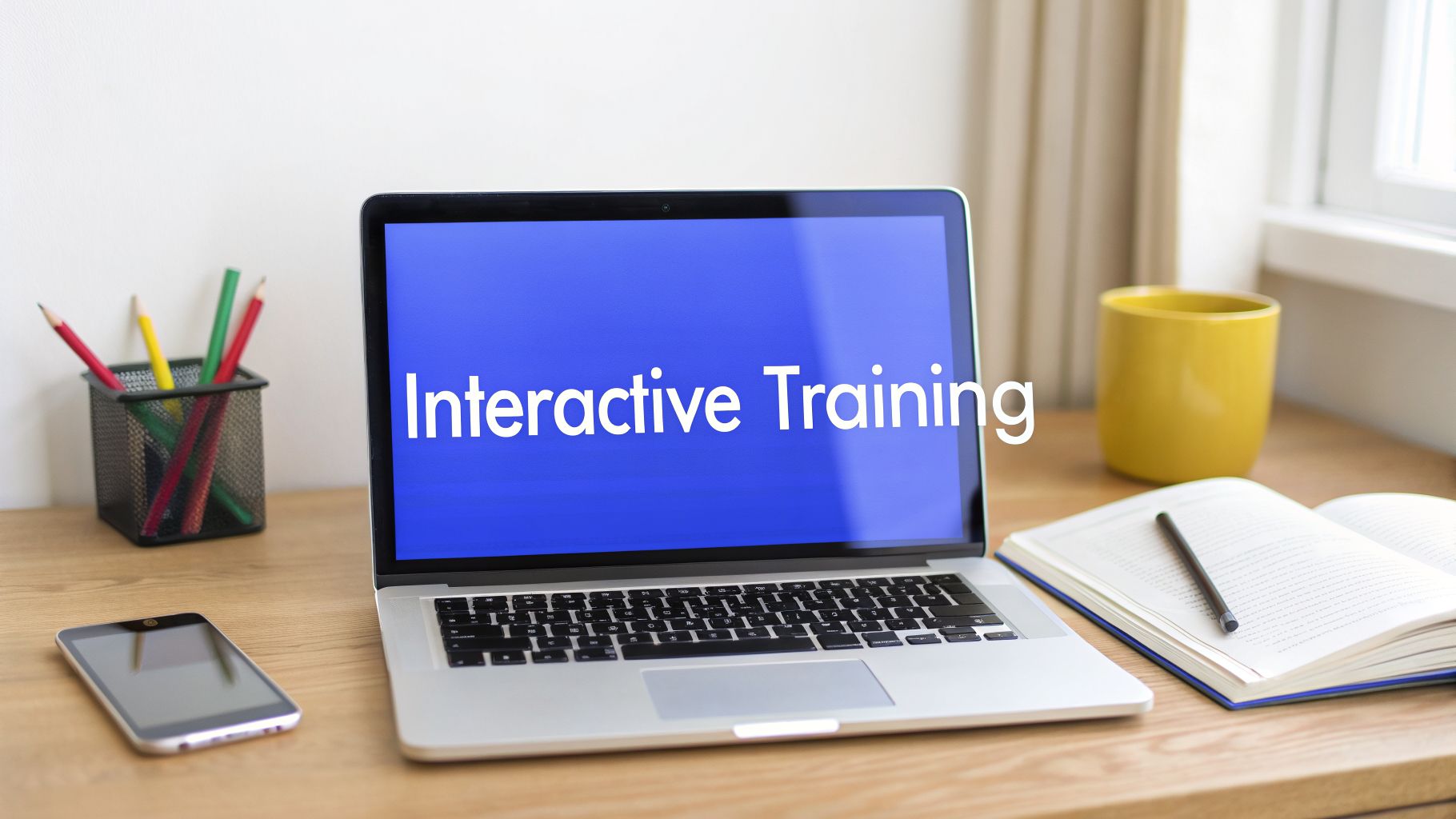 Laptop displaying 'Interactive Training' on a desk with a smartphone, pencils, mug, and notebook.