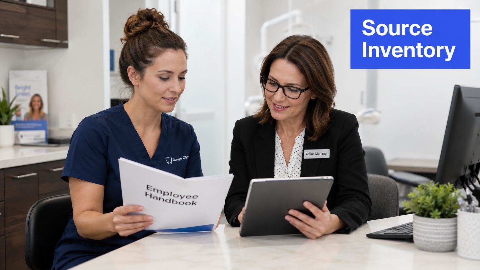 A dental office manager and a nurse reviewing company documents using a tablet and employee handbook.