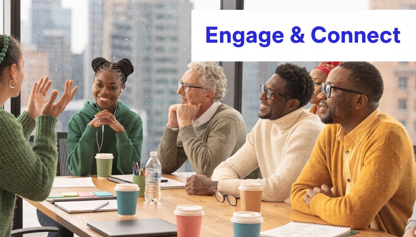 A diverse team of professionals engaged in a collaborative discussion around a meeting table during a workshop.