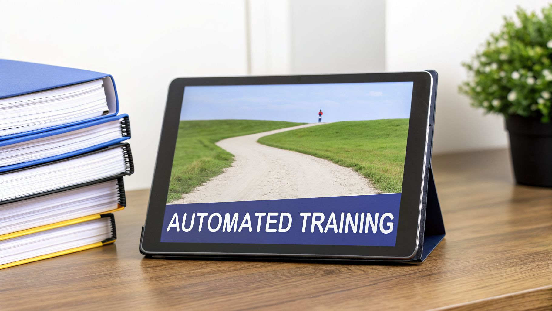 A tablet displaying 'Automated Training' on a screen showing a winding path, next to binders.