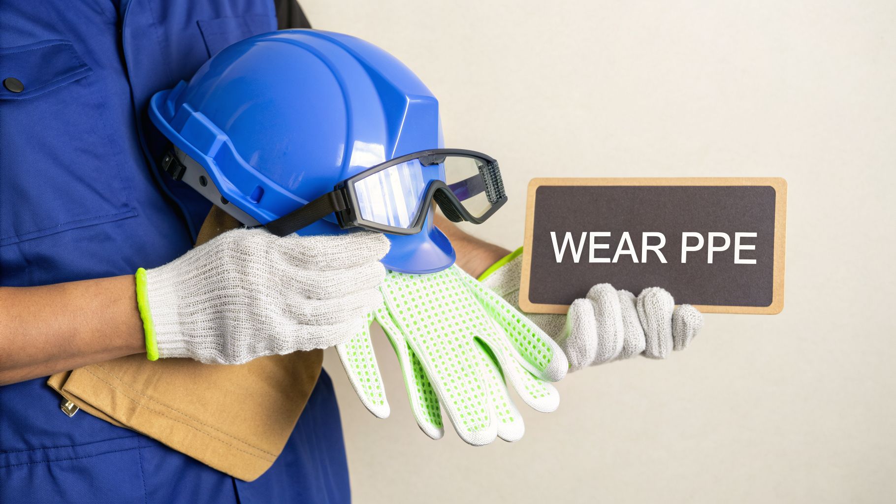 A person holds a blue hard hat, safety glasses, work gloves, and a sign saying 'WEAR PPE'.
