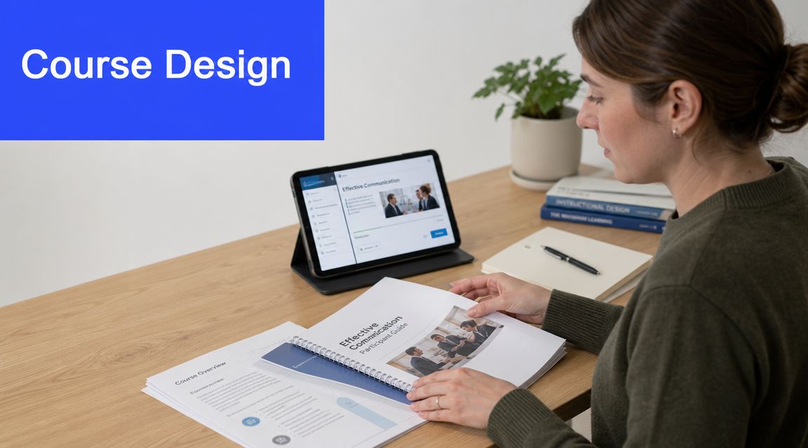 A professional woman reviewing effective communication course materials on a tablet and printed document at her desk.