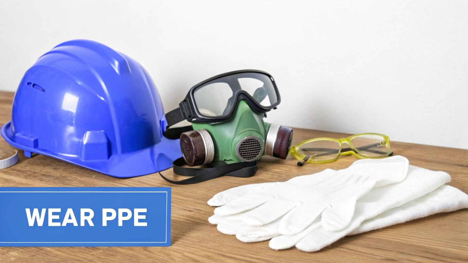Essential personal protective equipment including a blue hard hat, respirator mask, safety glasses, and gloves on a wooden table, with a 'WEAR PPE' sign.