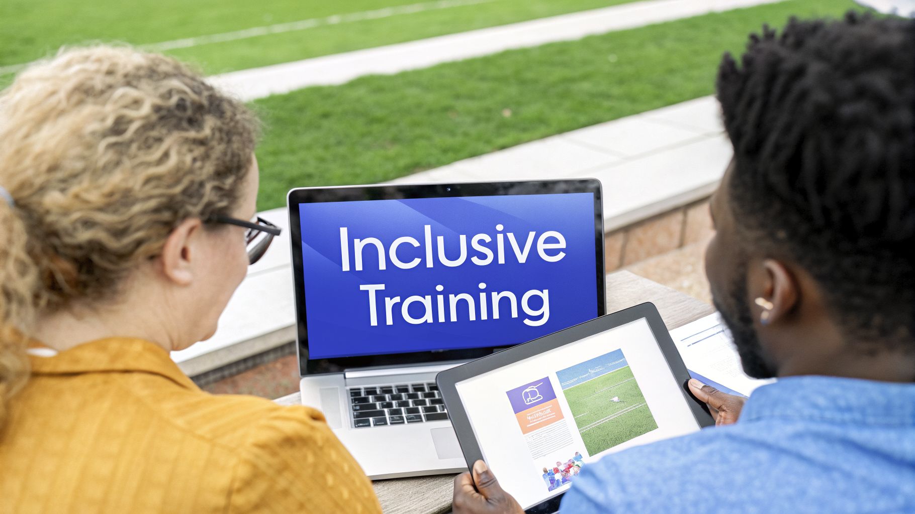 Two people outdoors looking at a laptop displaying 'Inclusive Training' and a tablet.