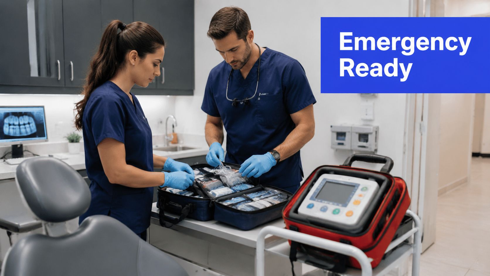 A female dental assistant and a male dentist preparing an emergency medical kit in a dental office.