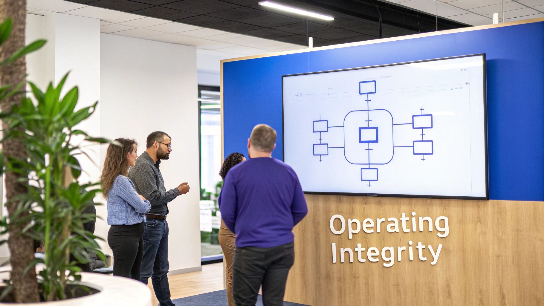 Four professionals discussing a business diagram on a large screen in a modern office.