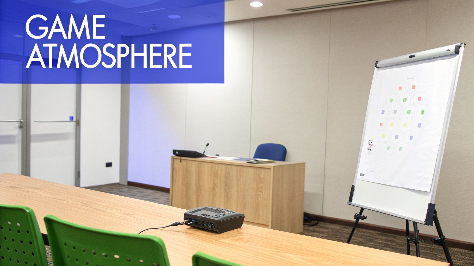 A conference room with 'GAME ATMOSPHERE' banner, wooden table, green chairs, audio mixer, and a flip chart.
