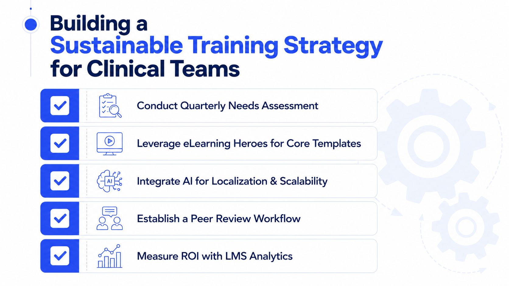 A list of five key strategies for building a sustainable training program for clinical healthcare teams.