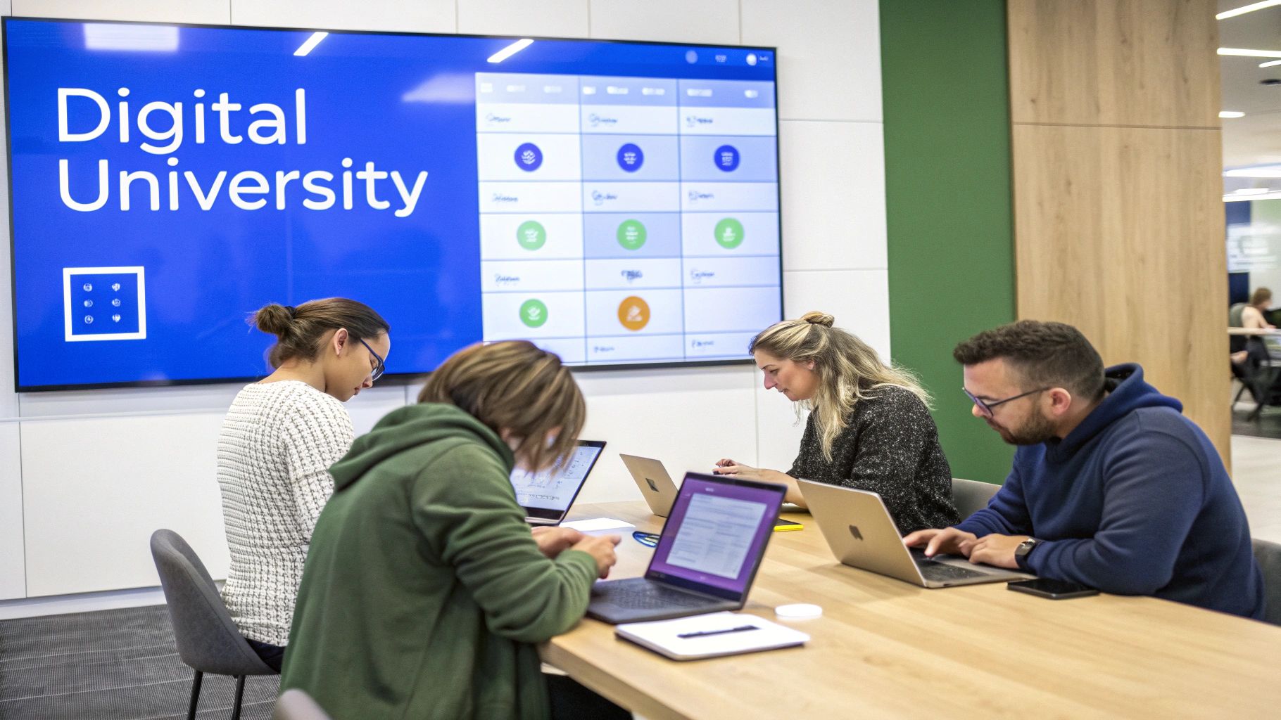 Four people working on laptops at a table, with a large 'Digital University' screen in the background.