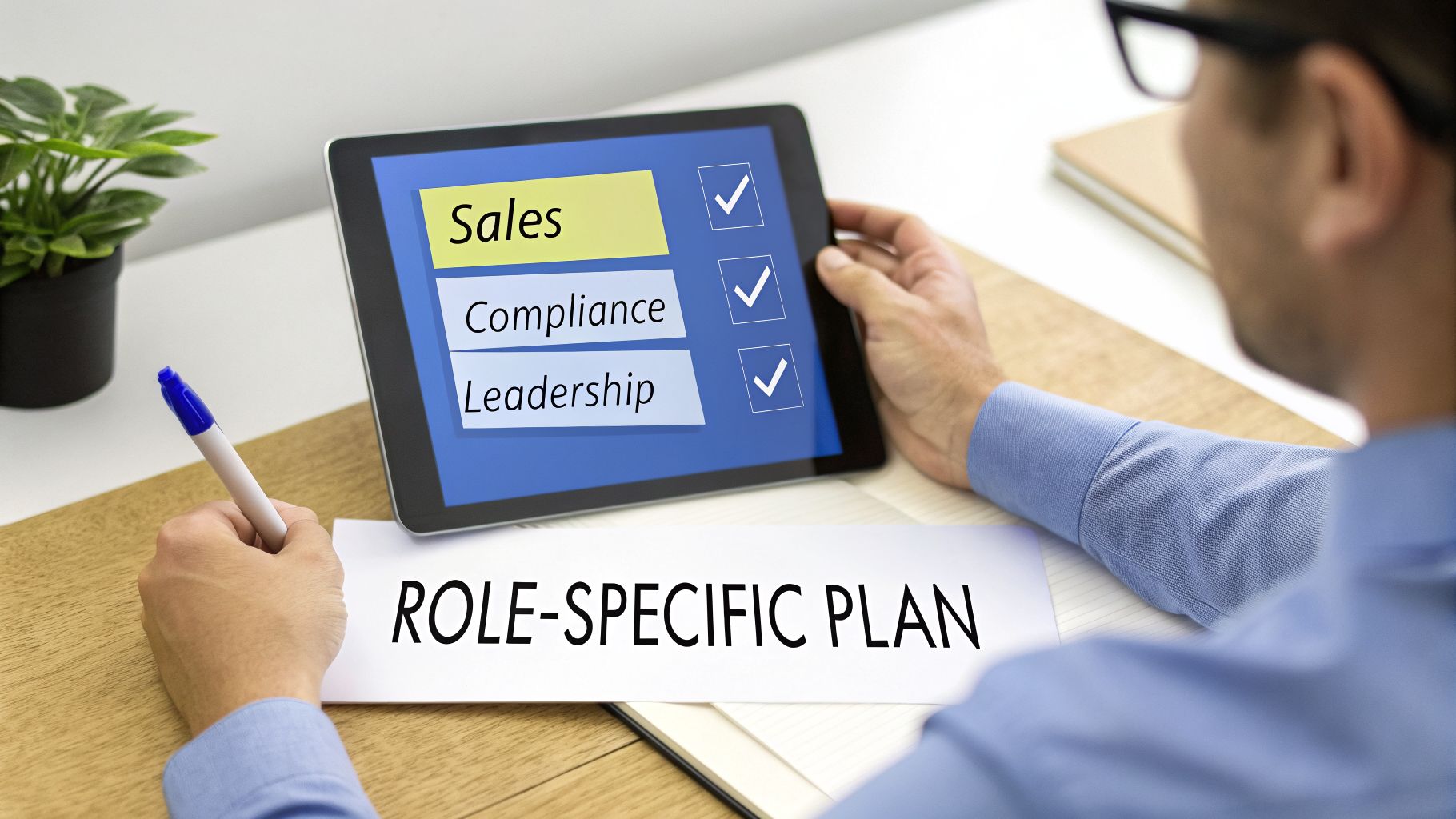 A man reviews a role-specific plan, checking off sales, compliance, and leadership on a tablet.
