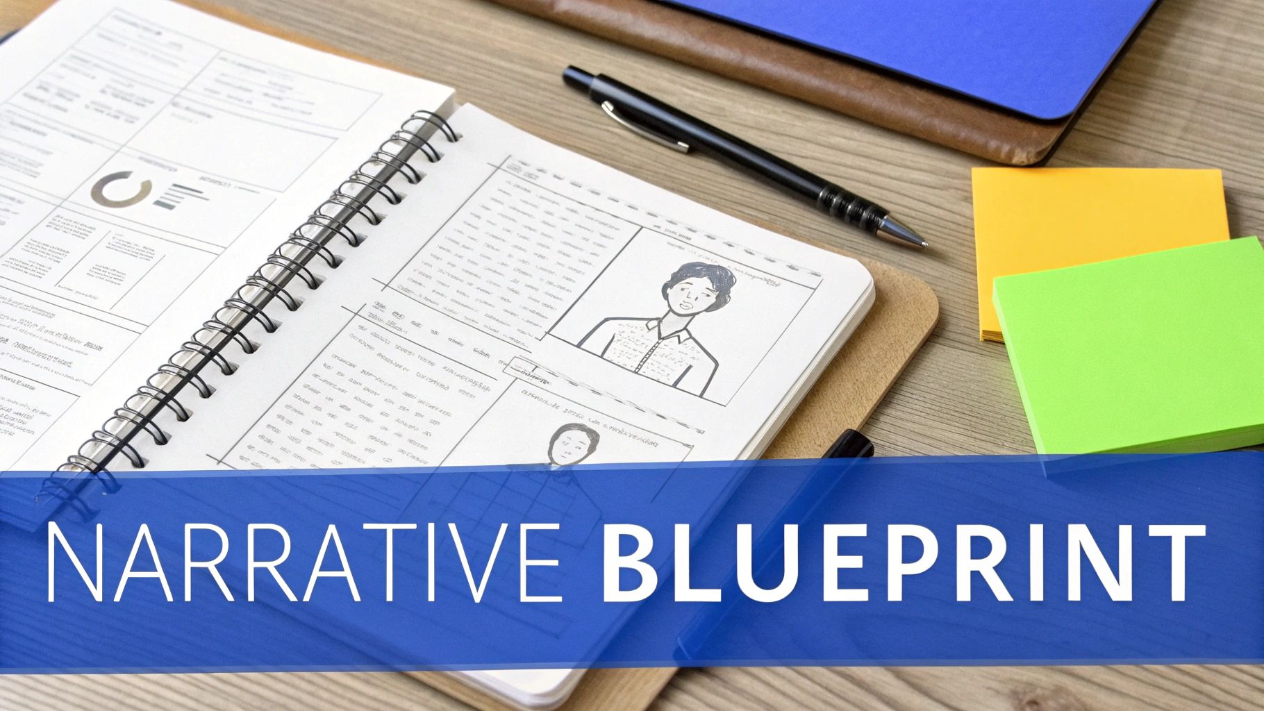 An open notebook with character sketches, a pen, and sticky notes on a desk, featuring 'NARRATIVE BLUEPRINT'.