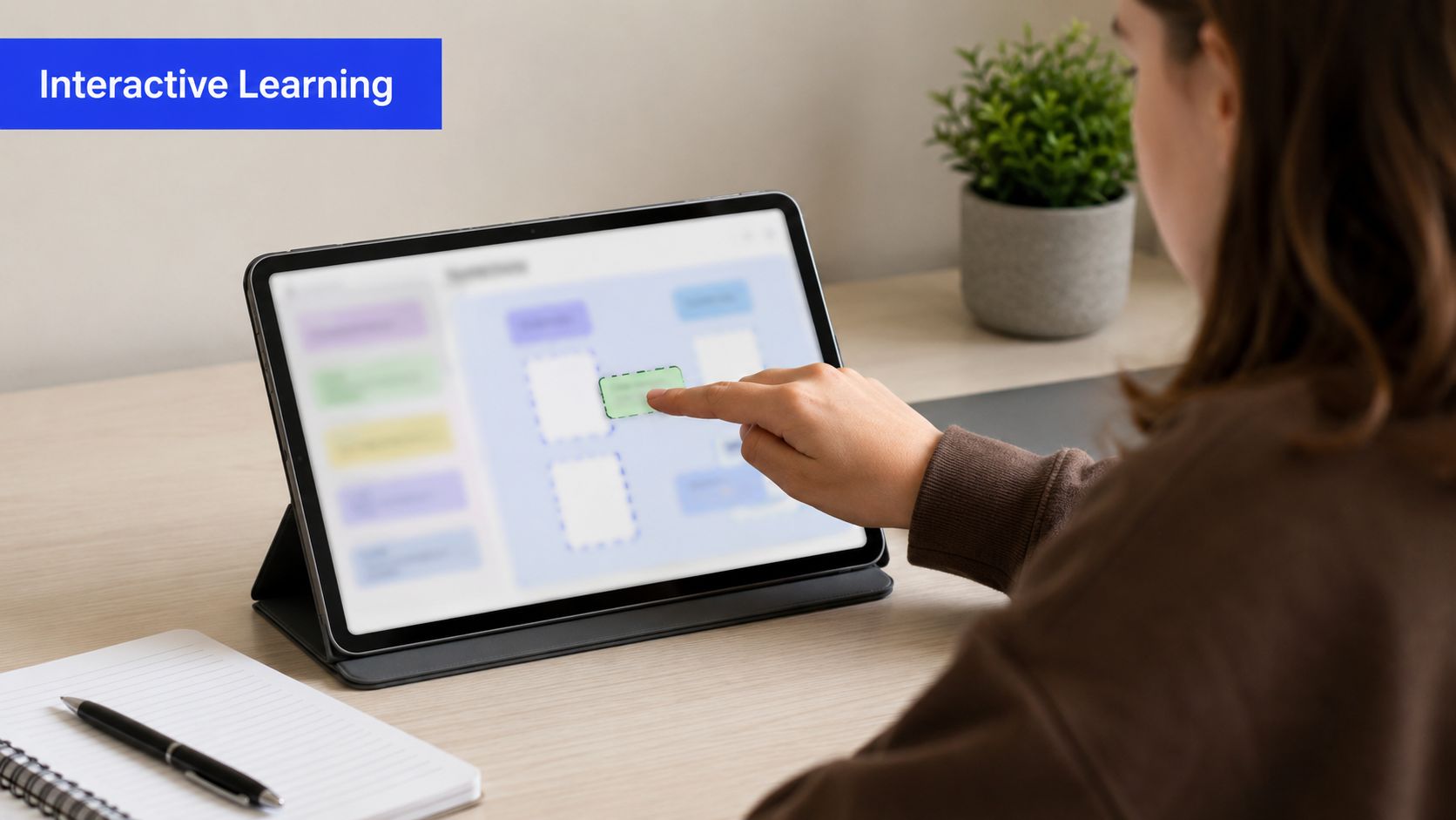 A person using an interactive digital learning tool on a tablet for vocabulary and glossary practice.