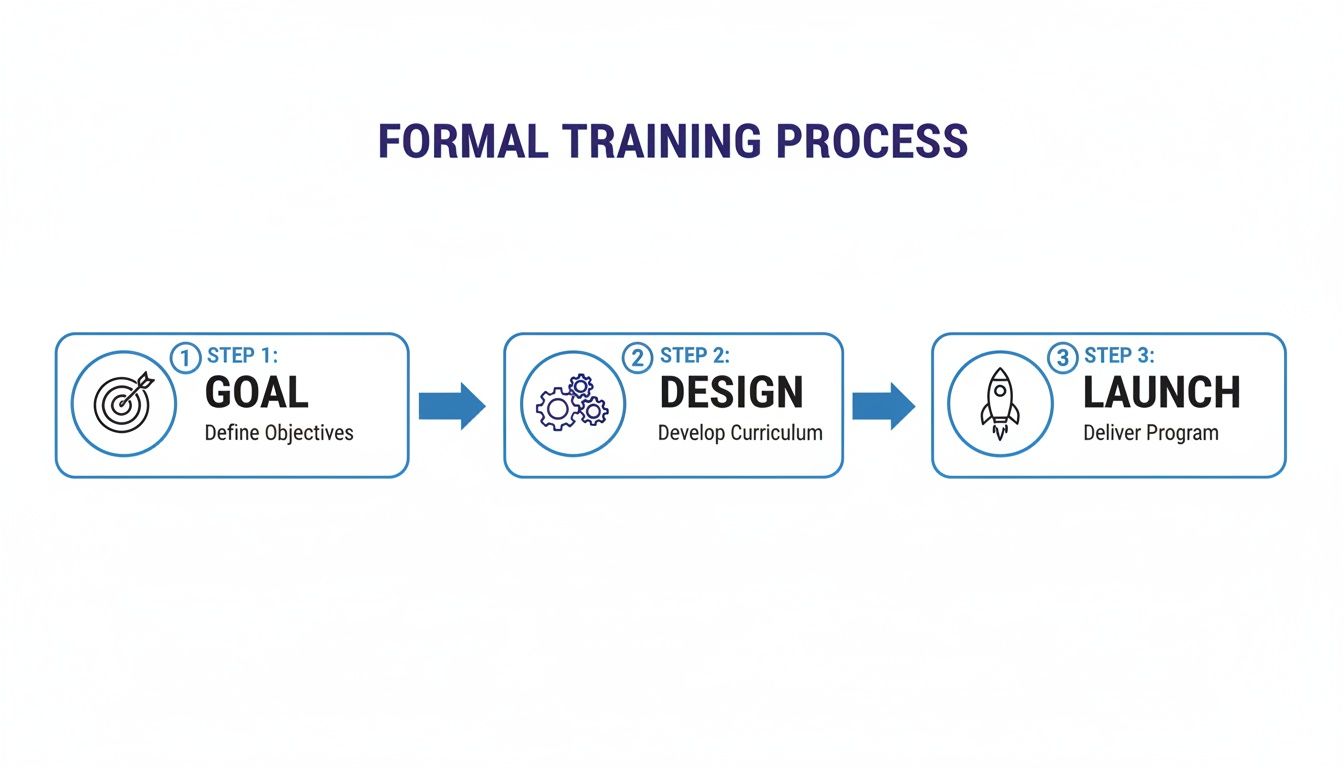 Formal training process diagram with three sequential steps: Goal, Design, and Launch, showing objectives, curriculum, and delivery.