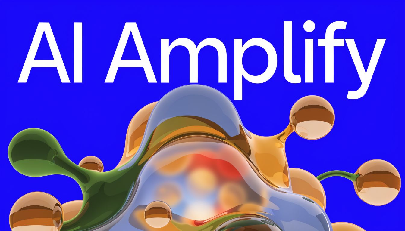 A vibrant 3D abstract graphic featuring a glossy, colorful liquid blob shape against a bright blue background.