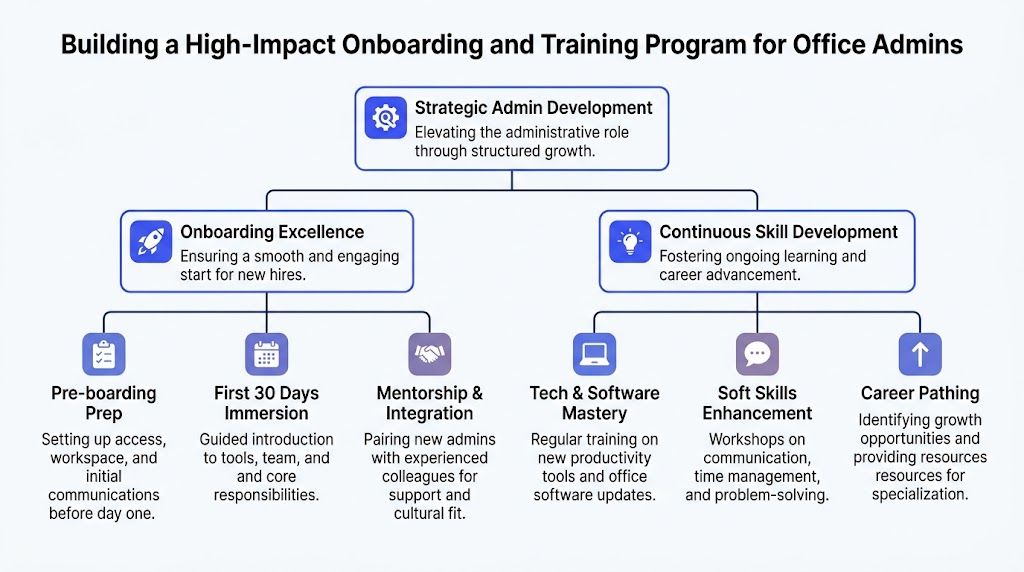 A diagram outlining a high-impact onboarding and training strategy for developing office administrative professionals and roles.