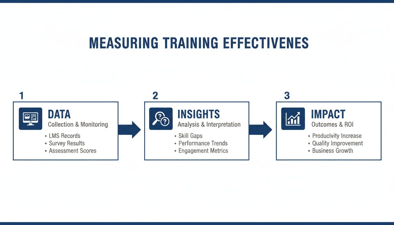 A three-step diagram outlining the process of measuring training effectiveness, from data collection to impact.