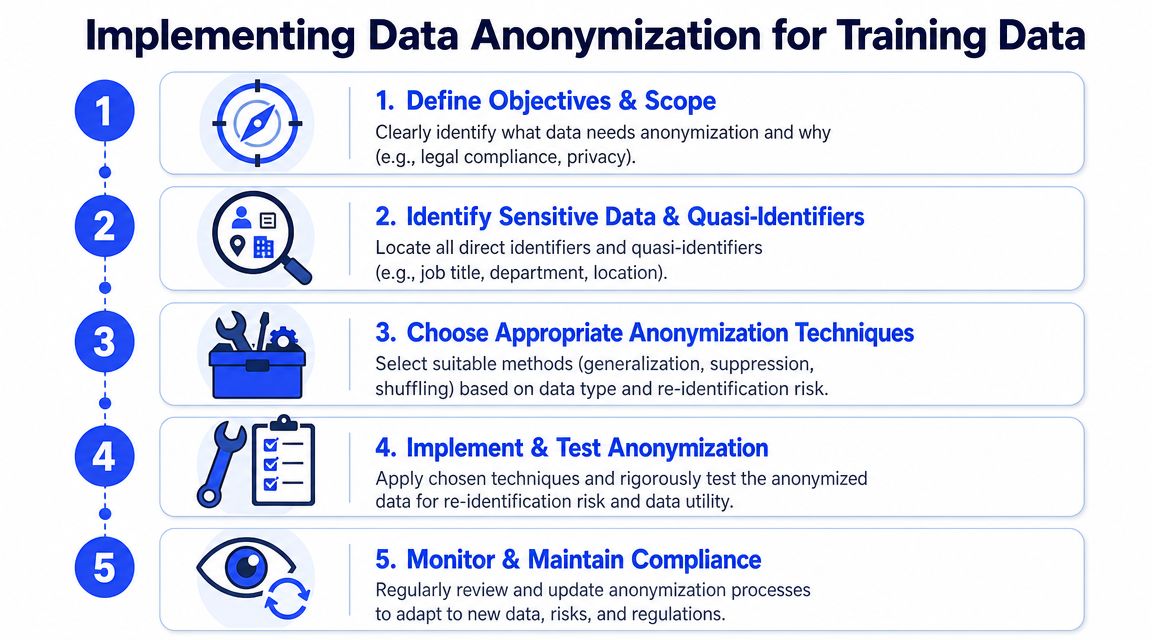 A step-by-step infographic titled Implementing Data Anonymization for Training Data outlining five essential phases of the process.