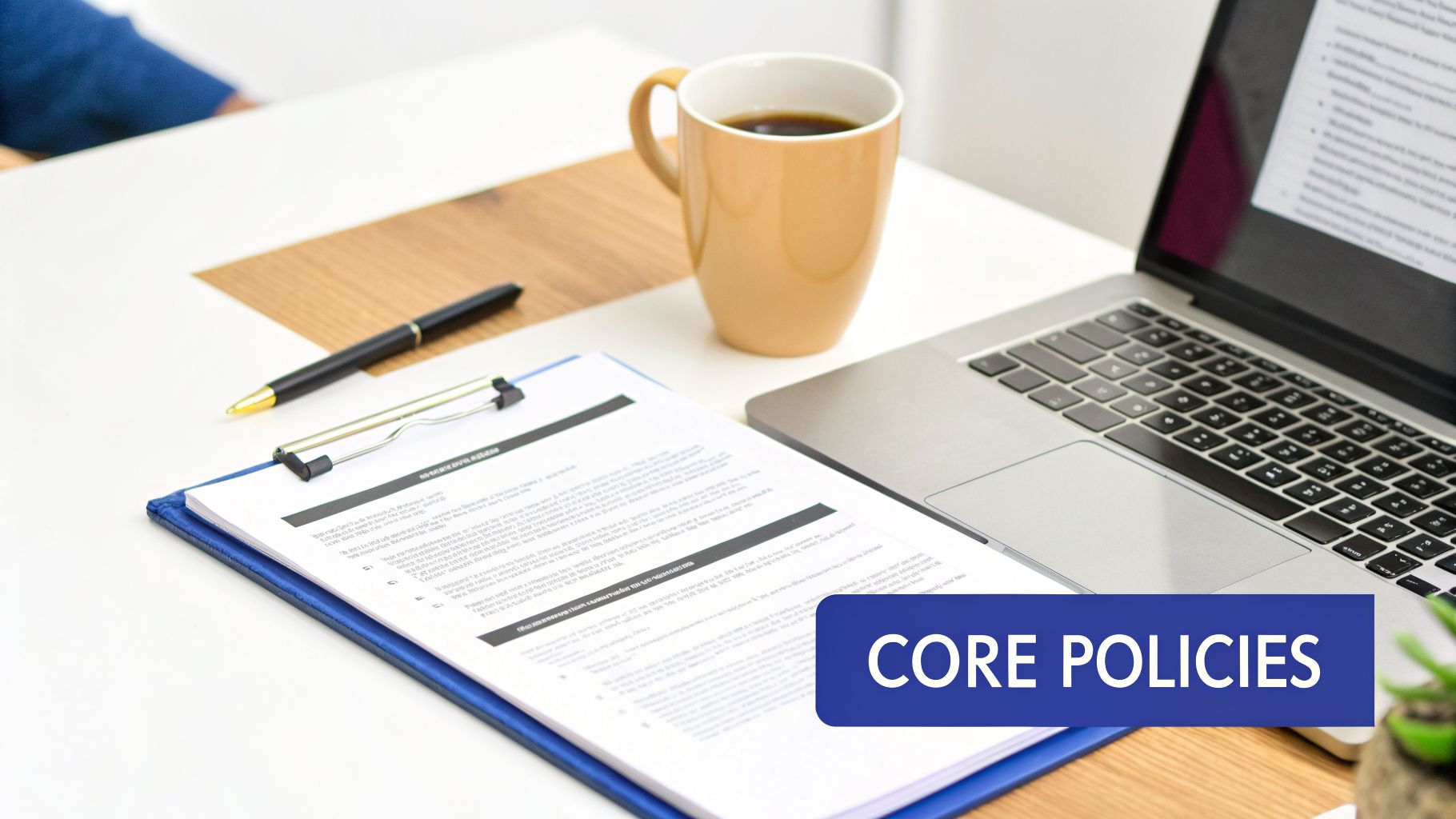 A professional workspace featuring a document titled 'CORE POLICIES' on a clipboard, alongside a pen, coffee, and a laptop.