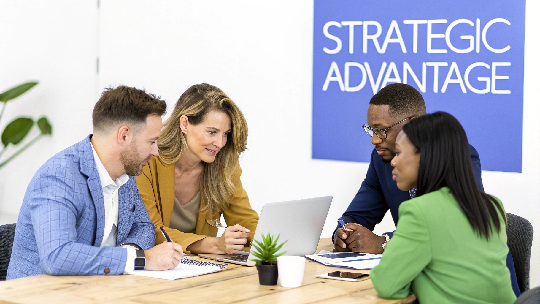 Diverse business professionals collaborate around a laptop during a strategic advantage meeting.